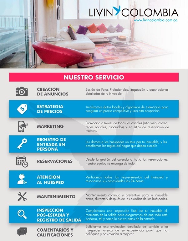 Nuestro servicio: creación de anuncios, estrategia de precios, marketing, registro de entrada en persona, reservaciones, atención al huésped, mantenimiento, inspección pos-estadía y comentarios.